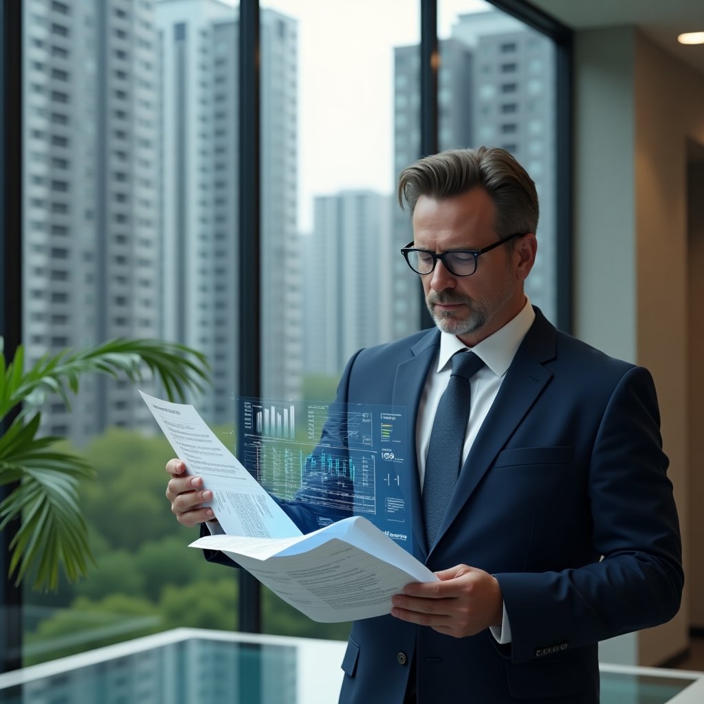 (Ultra-realistic condominium manager in a navy executive suit, set in a modern luxury condominium environment with high-rise buildings and manicured green landscaping, reviewing a transparent holographic financial report with confidence, holding printed ledgers and charts on a sleek glass table, cinematic lighting, shallow depth of field, highly detailed textures, realistic skin, photographic realism, 8k resolution --ar 1:1 --v 6)