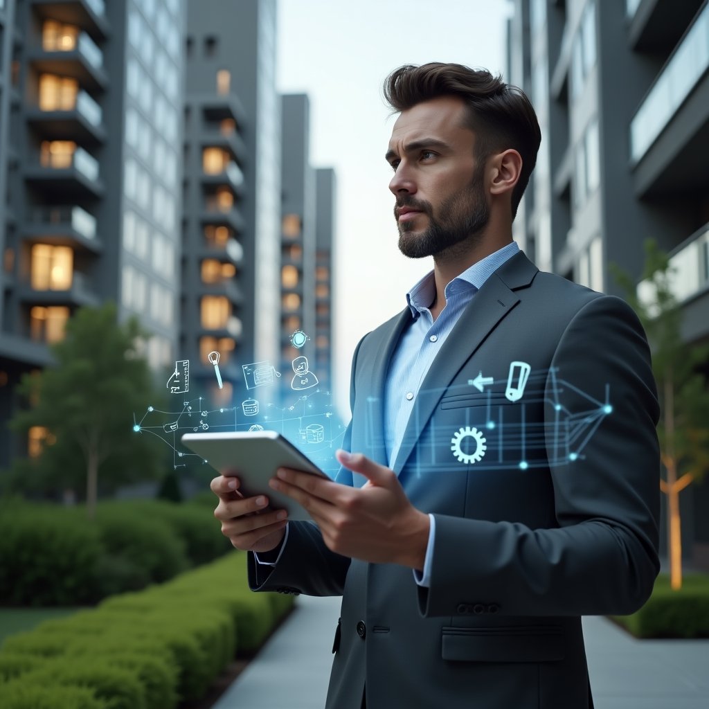 Ultra-realistic property manager in a charcoal gray suit, set in a modern luxury condominium environment with high-rise buildings and manicured green landscaping, confidently holding a digital tablet projecting a holographic maintenance checklist over a building façade, subtle icons of tools and gears floating around, cinematic lighting, shallow depth of field, highly detailed textures, realistic skin, photographic realism, 8k resolution --ar 1:1 --v 6