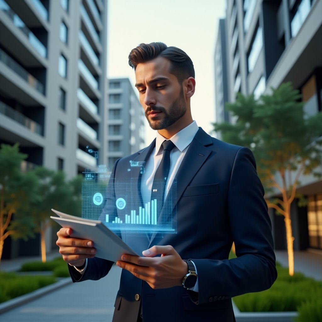 (Ultra-realistic condominium manager in a tailored navy suit, set in a modern luxury condominium environment with high-rise buildings and manicured green landscaping, holding and analyzing a holographic financial report with floating charts and graphs, confident and focused expression, cinematic lighting, shallow depth of field, highly detailed textures, realistic skin, photographic realism, 8k resolution --ar 1:1 --v 6)