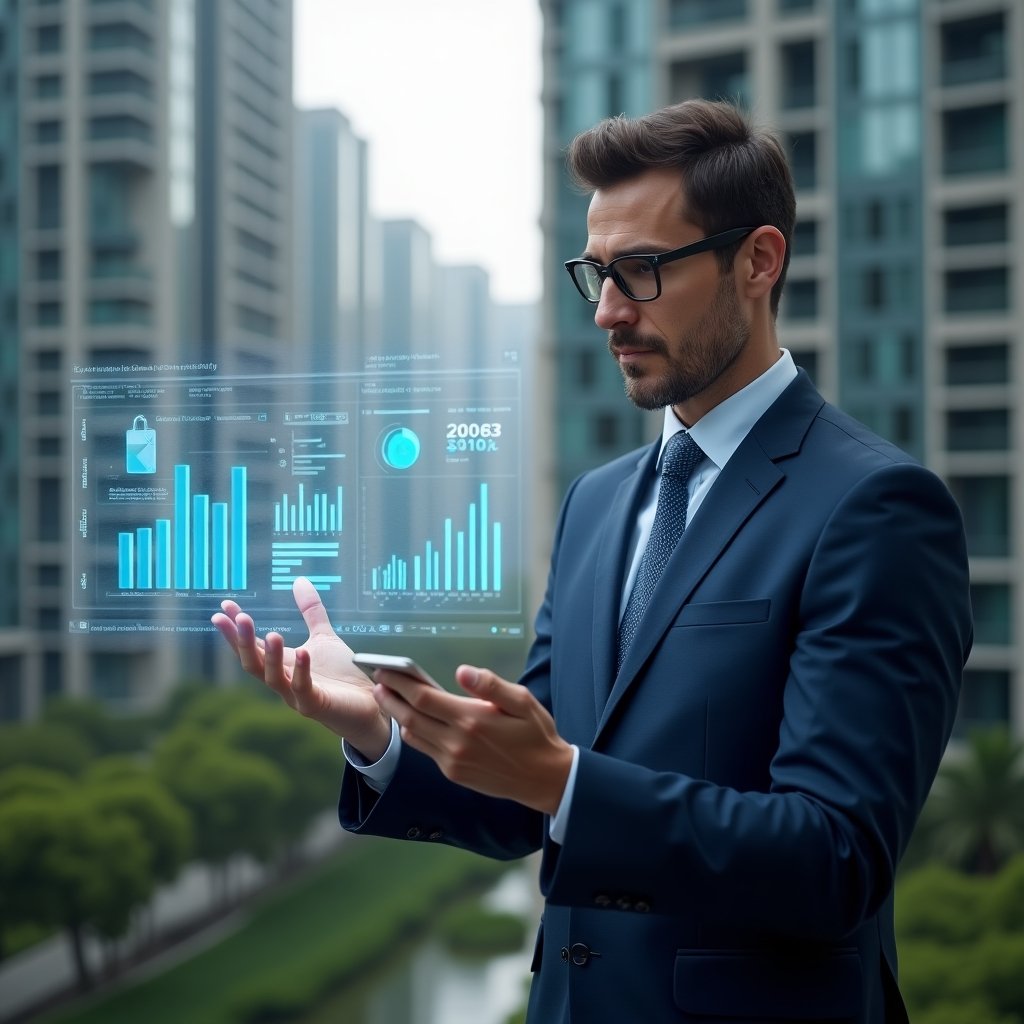 (Ultra-realistic condominium manager in a navy blue tailored suit, set in a modern luxury condominium environment with high-rise buildings and green landscaping, examining a floating holographic financial dashboard with bar charts and pie graphs, conveying confidence and focus, cinematic lighting, shallow depth of field, highly detailed textures, realistic skin, photographic realism, 8k resolution --ar 1:1 --v 6)