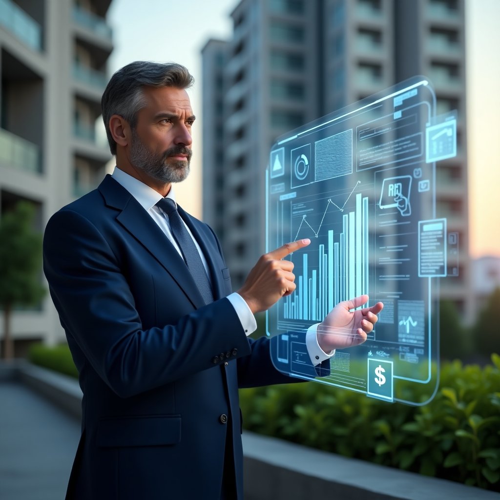 (Ultra-realistic condominium manager in a navy blue executive suit, set in a modern luxury condominium environment with high-rise buildings and lush green landscaping, reviewing holographic budget charts and pointing at digital graphs representing emergency fund planning, holographic icons of money and building maintenance floating beside, confident and focused expression, cinematic lighting, shallow depth of field, highly detailed textures, realistic skin, photographic realism, 8k resolution --ar 1:1 --v 6)