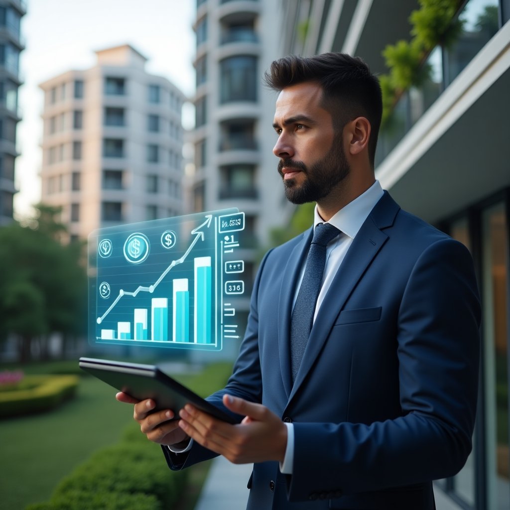 (Ultra-realistic condominium manager in a navy executive suit, set in a modern luxury condominium environment with high-rise buildings and manicured green landscaping, holding a tablet projecting a holographic budget chart and savings icons, confidently analyzing cost reduction strategies, cinematic lighting, shallow depth of field, highly detailed textures, realistic skin, photographic realism, 8k resolution --ar 1:1 --v 6)