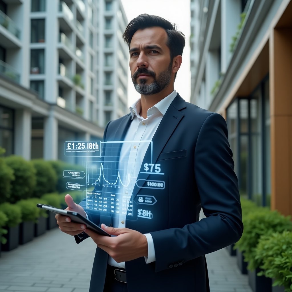 (Ultra-realistic condominium manager in a navy tailored suit, set in a modern luxury condominium environment with high-rise buildings and green landscaping, holding a tablet displaying a holographic breakdown of renovation costs and savings charts, confident and analytical expression, holographic cost-saving icons and a wrench floating nearby, cinematic lighting, shallow depth of field, highly detailed textures, realistic skin, photographic realism, 8k resolution --ar 1:1 --v 6)