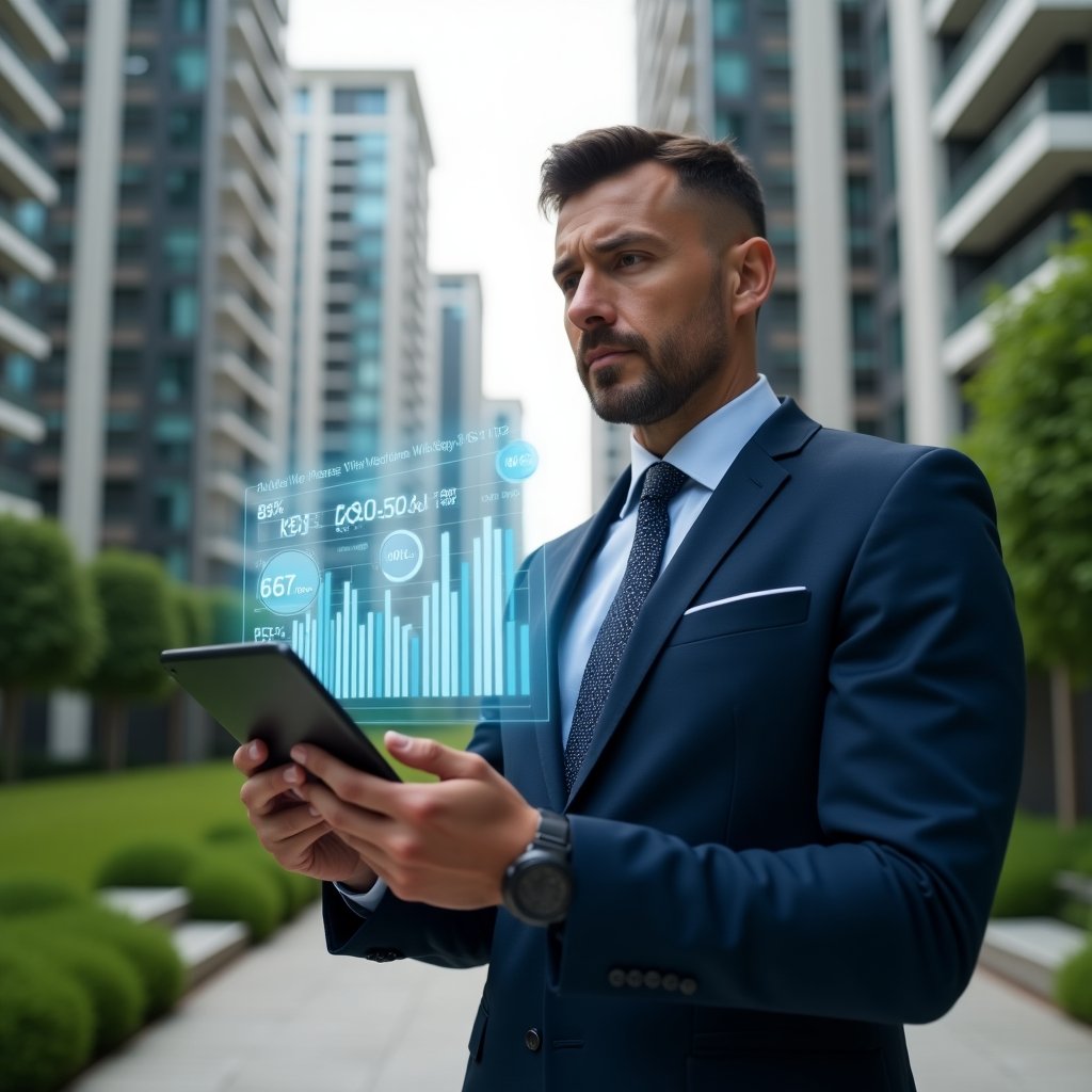 Ultra-realistic condominium manager in a navy blue tailored suit, set in a modern luxury condominium environment with high-rise buildings and manicured green landscaping, holding a tablet displaying holographic cost-reduction charts, confidently analyzing financial graphs with floating coin and bar graph icons, cinematic lighting, shallow depth of field, highly detailed textures, realistic skin, photographic realism, 8k resolution --ar 1:1 --v 6