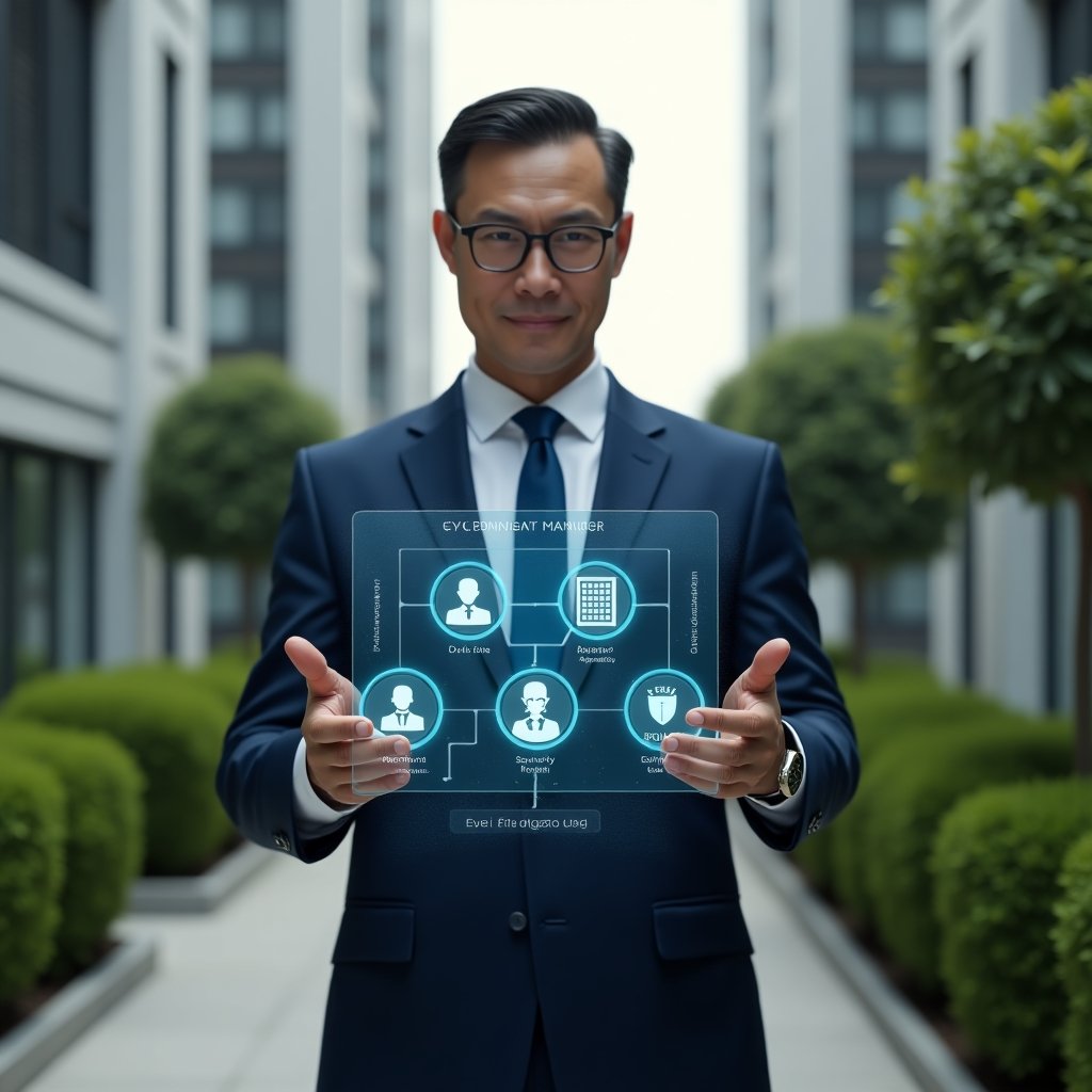 (Ultra-realistic condominium manager in a tailored navy suit, set in a modern luxury condominium environment with high-rise buildings and manicured green landscaping, holding a transparent holographic interface displaying icons for communication, finance, security, reservations and performance reports, analyzing data with a confident expression, cinematic lighting, shallow depth of field, highly detailed textures, realistic skin, photographic realism, 8k resolution --ar 1:1 --v 6)