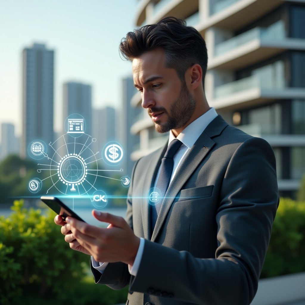 (Ultra-realistic condominium manager in a charcoal gray suit, set in a modern luxury condominium environment with high-rise buildings and manicured green landscaping, interacting with holographic financial charts, contract icons, and cost-saving tool symbols floating before him, confidently analyzing data on a transparent mobile app interface, cinematic lighting, shallow depth of field, highly detailed textures, realistic skin, photographic realism, 8k resolution --ar 1:1 --v 6)