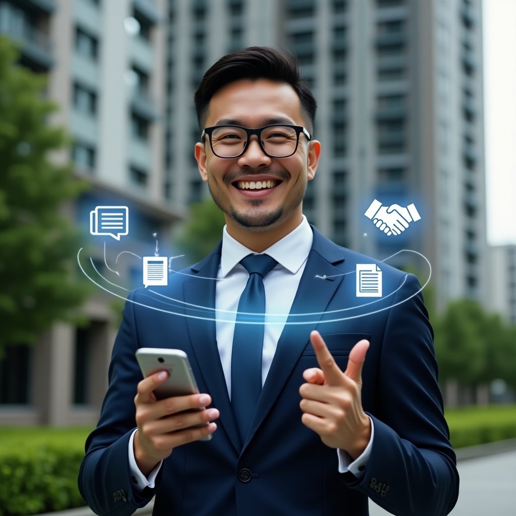 Ultra-realistic condominium manager in a navy executive suit, set in a modern luxury condominium environment with high-rise buildings and lush green landscaping, holding a smartphone and pointing to floating holographic icons of chat bubbles, rule documents, and a handshake symbolizing clear communication and respect, confident and smiling expression, cinematic lighting, shallow depth of field, highly detailed textures, realistic skin, photographic realism, 8k resolution --ar 1:1 --v 6