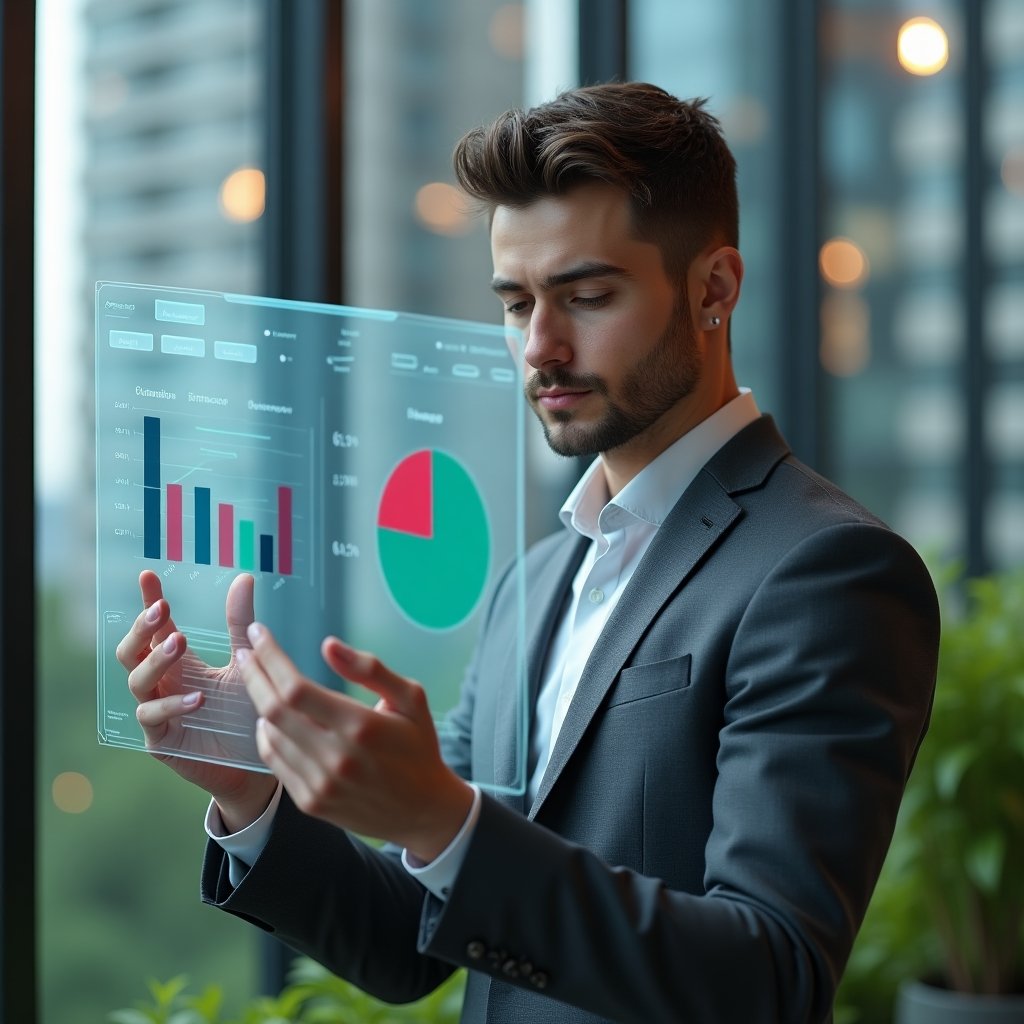 Ultra-realistic condominium manager in a charcoal gray suit, set in a modern luxury condominium environment with high-rise buildings and green landscaping, examining a transparent holographic dashboard displaying bar graphs and pie charts for key financial indicators, confident and thoughtful expression, cinematic lighting, shallow depth of field, highly detailed textures, realistic skin, photographic realism, 8k resolution --ar 1:1 --v 6