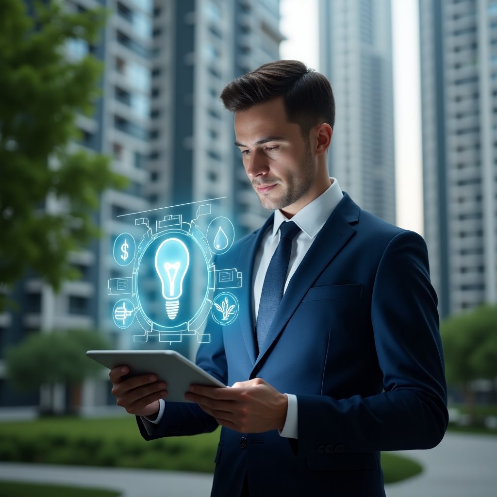 Ultra-realistic condominium manager in a navy suit, set in a modern luxury condominium environment with high-rise buildings and lush green landscaping, standing in a medium close-up holding a digital tablet projecting holographic icons of a light bulb, water droplet and cleaning brush, confidently analyzing cost-saving data, cinematic lighting, shallow depth of field, highly detailed textures, realistic skin, photographic realism, 8k resolution --ar 1:1 --v 6