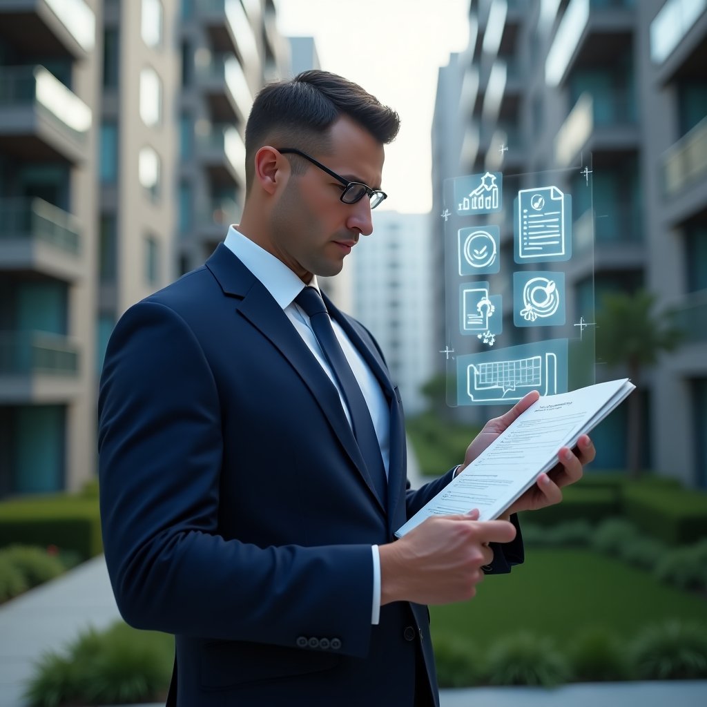 Ultra-realistic condominium manager in a navy blue executive suit, set in a modern luxury condominium environment with high-rise buildings and green landscaping, confidently examining a holographic digital checklist and floating contract icons that symbolize inspections and maintenance automation, focused gaze conveying trust and efficiency, cinematic lighting, shallow depth of field, highly detailed textures, realistic skin, photographic realism, 8k resolution --ar 1:1 --v 6