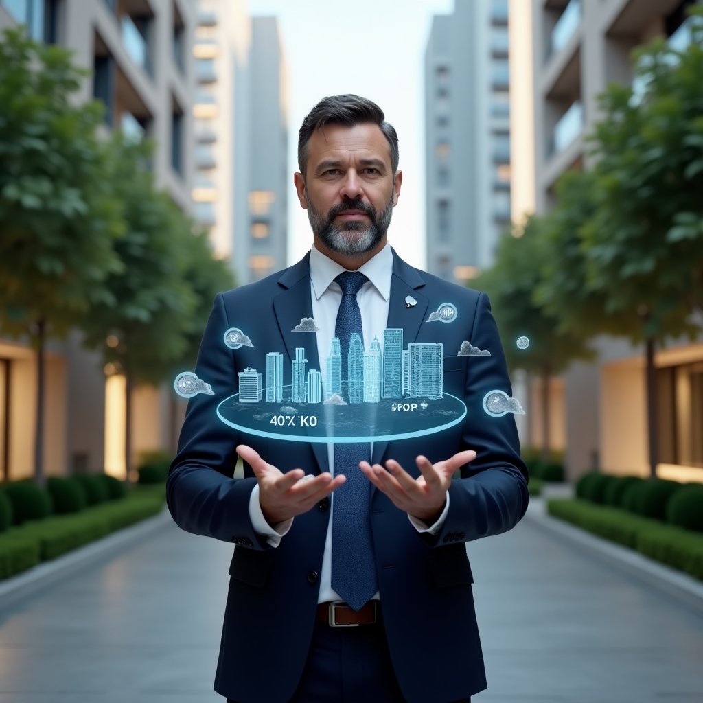 Ultra-realistic condominium manager in a tailored navy suit, set in a modern luxury condominium environment with high-rise buildings and manicured green landscaping, confidently presenting a holographic pie chart showing unit fractions and expense ratios, floating icons of coins and building silhouettes around him, cinematic lighting, shallow depth of field, highly detailed textures, realistic skin, photographic realism, 8k resolution --ar 1:1 --v 6