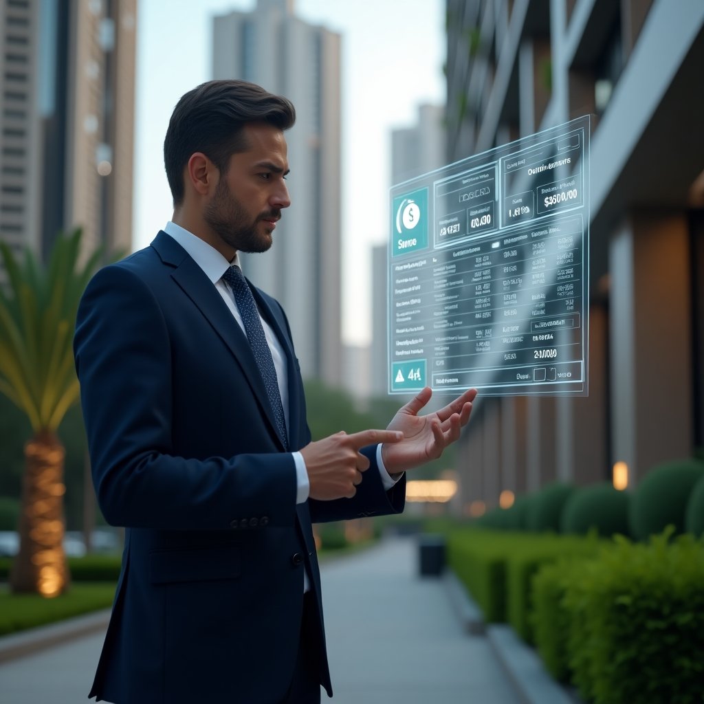 (Ultra-realistic condominium manager in a tailored navy suit, set in a modern luxury condominium environment with high-rise buildings and manicured green landscaping, examining a floating holographic dashboard of expense reports and approval icons, confident and focused expression, cinematic lighting, shallow depth of field, highly detailed textures, realistic skin, photographic realism, 8k resolution --ar 1:1 --v 6)