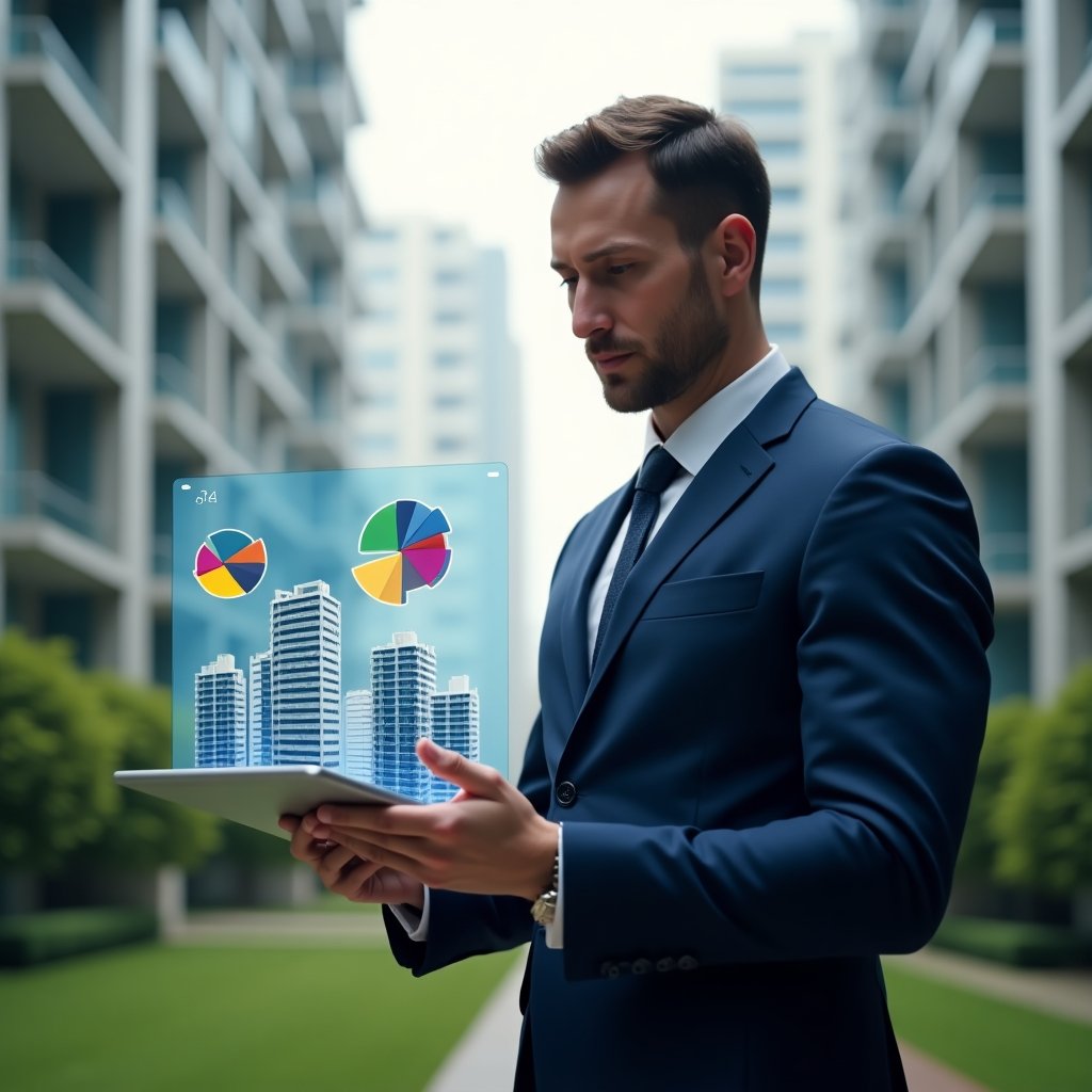 (Ultra-realistic condominium manager in a navy blue suit, set in a modern luxury condominium environment with high-rise buildings and manicured green landscaping, holding a transparent tablet and analyzing floating holographic pie charts and 3D building models representing ideal fraction calculations, expression confident and focused, cinematic lighting, shallow depth of field, highly detailed textures, realistic skin, photographic realism, 8k resolution --ar 1:1 --v 6)