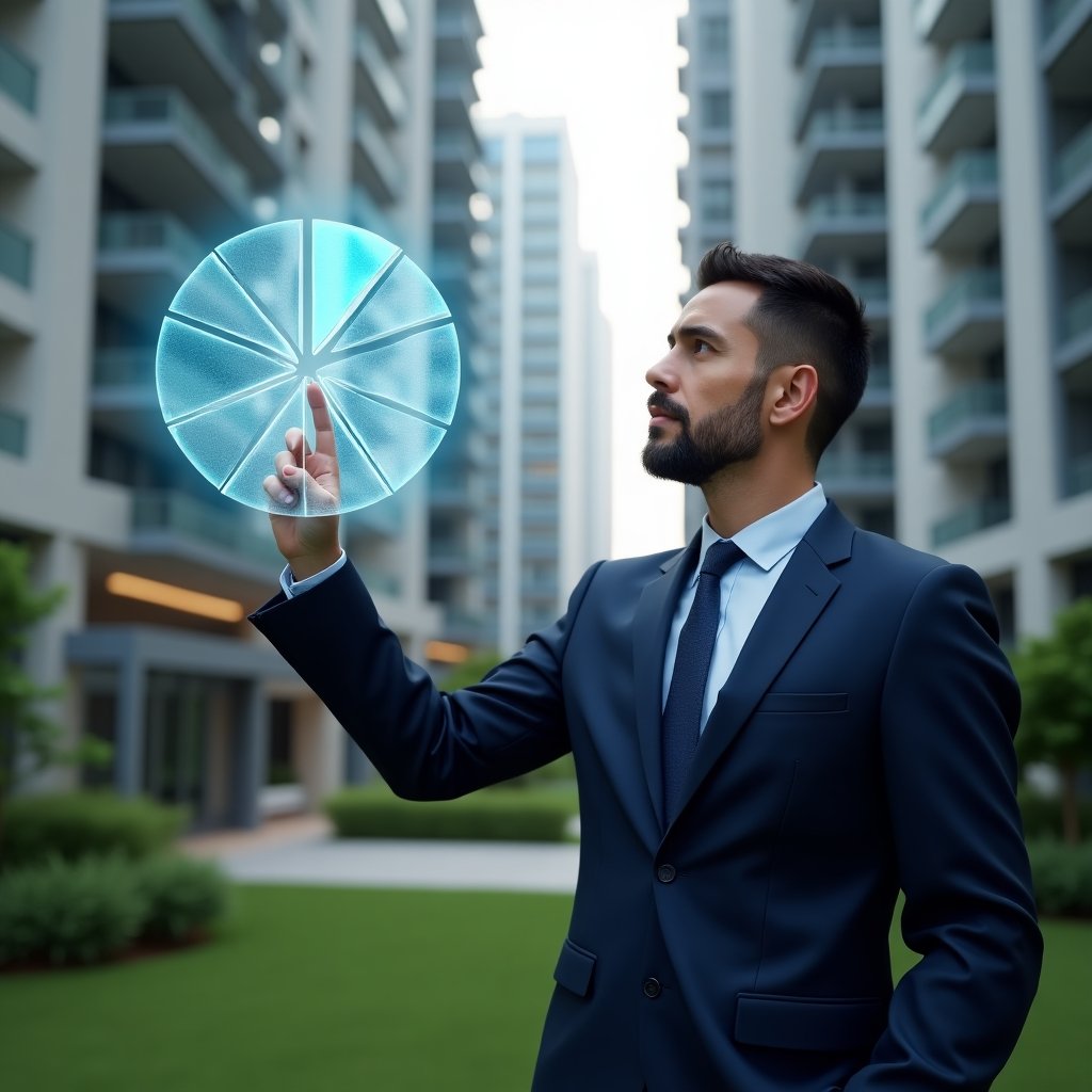 (Ultra-realistic condominium manager in a navy blue suit, set in a modern luxury condominium environment with high-rise buildings and green landscaping, pointing thoughtfully at a floating holographic pie chart divided into fractions, representing the calculation of ideal unit shares in four steps, cinematic lighting, shallow depth of field, highly detailed textures, realistic skin, photographic realism, 8k resolution --ar 1:1 --v 6)