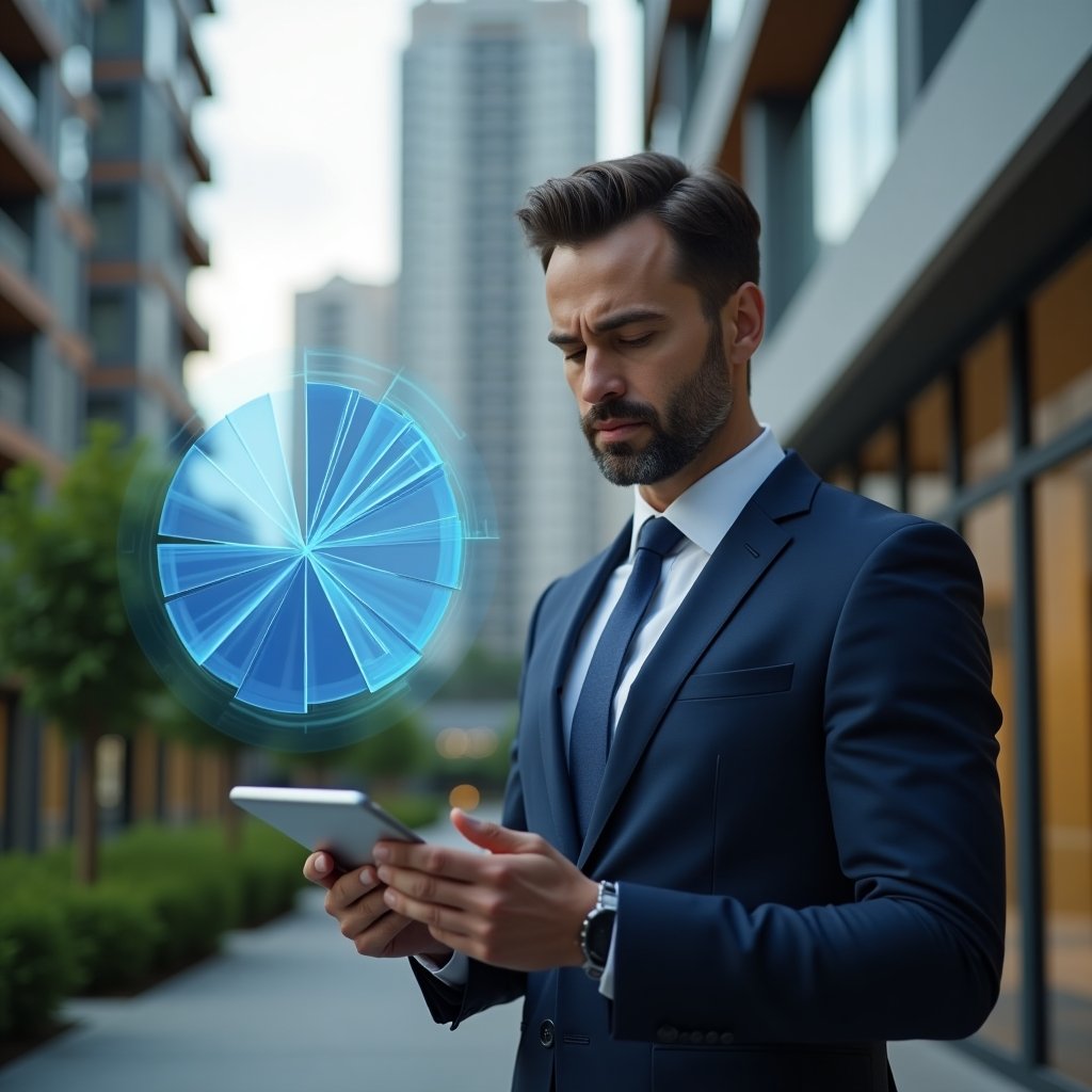 (Ultra-realistic condominium manager in a navy blue tailored suit, set in a modern luxury condominium environment with high-rise buildings and green landscaping, analyzing a floating holographic pie chart representing unit fractions while holding a tablet, confident and focused expression, cinematic lighting, shallow depth of field, highly detailed textures, realistic skin, photographic realism, 8k resolution --ar 1:1 --v 6)