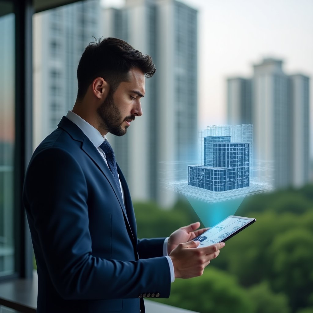 (Ultra-realistic condominium manager in a navy blue tailored suit, set in a modern luxury condominium environment with high-rise buildings and lush green landscaping, examining a holographic pie chart of fractional ownership projected from a tablet with focused and confident expression, 3D segmented building model floating beside them as a symbolic representation of ideal fraction calculation, cinematic lighting, shallow depth of field, highly detailed textures, realistic skin, photographic realism, 8k resolution --ar 1:1 --v 6)