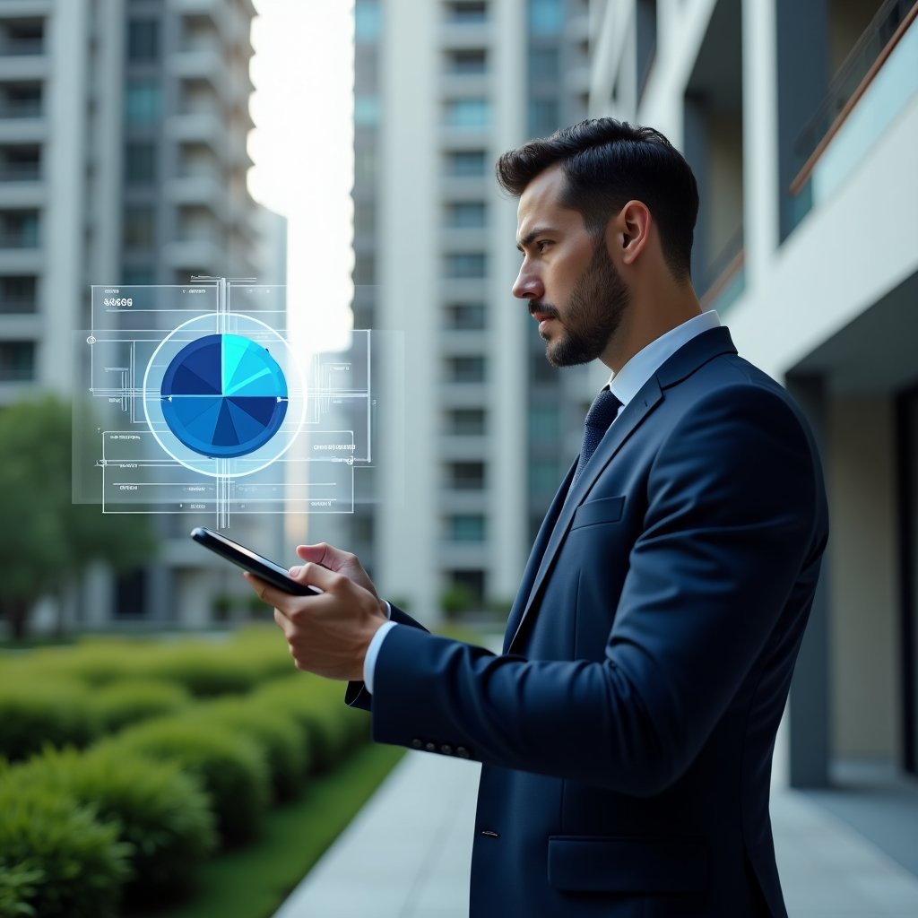 Ultra-realistic condominium manager in a navy blue suit, set in a modern luxury condominium environment with high-rise buildings and manicured green landscaping, analyzing a holographic pie chart of unit fractions on a transparent tablet to ensure fair cost distribution and legal compliance, cinematic lighting, shallow depth of field, highly detailed textures, realistic skin, photographic realism, 8k resolution --ar 1:1 --v 6