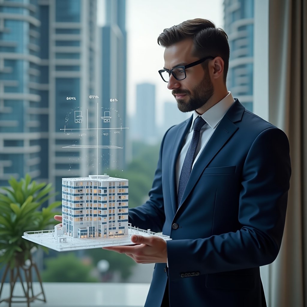 Ultra-realistic condominium manager in a navy blue executive suit, set in a modern luxury condominium environment with high-rise buildings and green landscaping, confidently analyzing a holographic 3D model of an apartment complex with floating percentage icons representing ideal fractions, cinematic lighting, shallow depth of field, highly detailed textures, realistic skin, photographic realism, 8k resolution --ar 1:1 --v 6