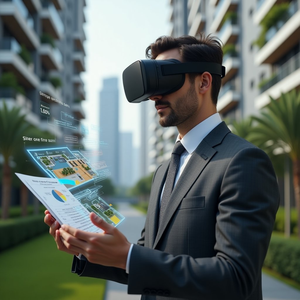 (Ultra-realistic condominium manager in a charcoal gray tailored suit, set in a modern luxury condominium environment with high-rise buildings and meticulously landscaped greenery, holding and analyzing a holographic floor plan with highlighted percentage zones to illustrate fração ideal, thoughtful and confident expression, surrounded by floating 3D pie chart and legal document icons, cinematic lighting, shallow depth of field, highly detailed textures, realistic skin, photographic realism, 8k resolution --ar 1:1 --v 6)