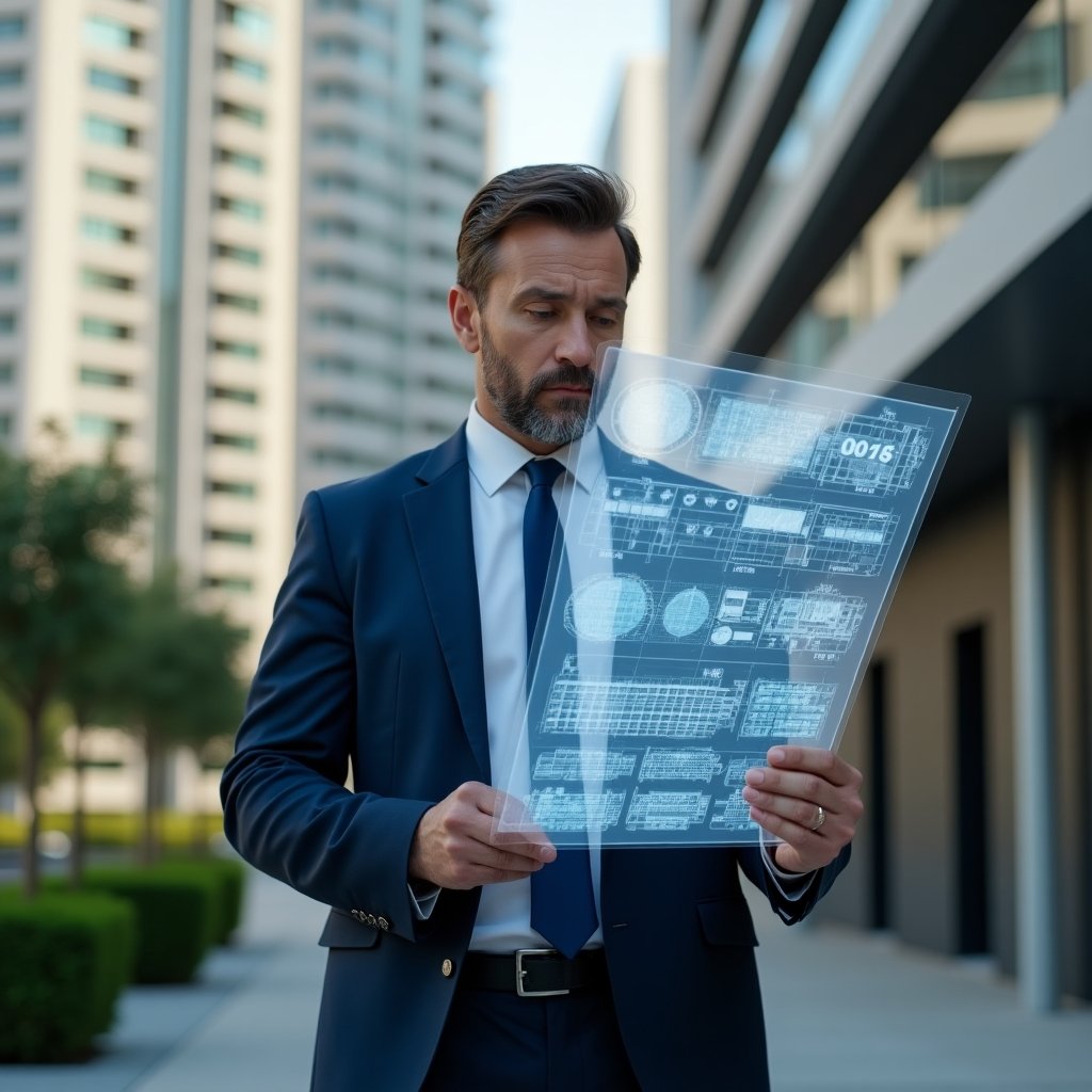 Ultra-realistic condominium manager in a navy suit, set in a modern luxury condominium environment with high-rise buildings and manicured green landscaping, examining a holographic 3D pie chart of unit fractions overlaid on a digital building blueprint, confident and focused expression, cinematic lighting, shallow depth of field, highly detailed textures, realistic skin, photographic realism, 8k resolution --ar 1:1 --v 6
