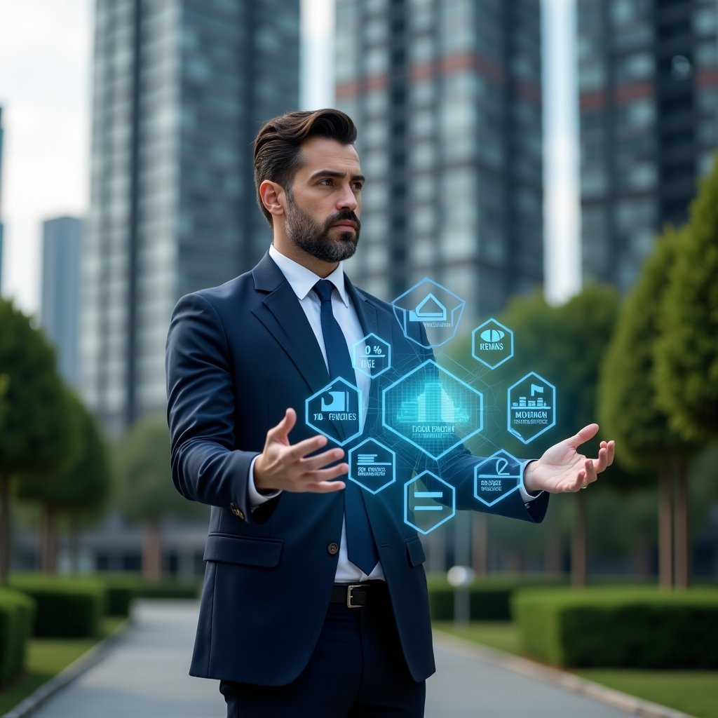 Ultra-realistic condominium manager in a navy executive suit, set in a modern luxury condominium environment with high-rise buildings and manicured green landscaping, confidently analyzing a holographic model displaying unit fraction percentages, holographic charts symbolizing ideal fraction calculation, cinematic lighting, shallow depth of field, highly detailed textures, realistic skin, photographic realism, 8k resolution --ar 1:1 --v 6