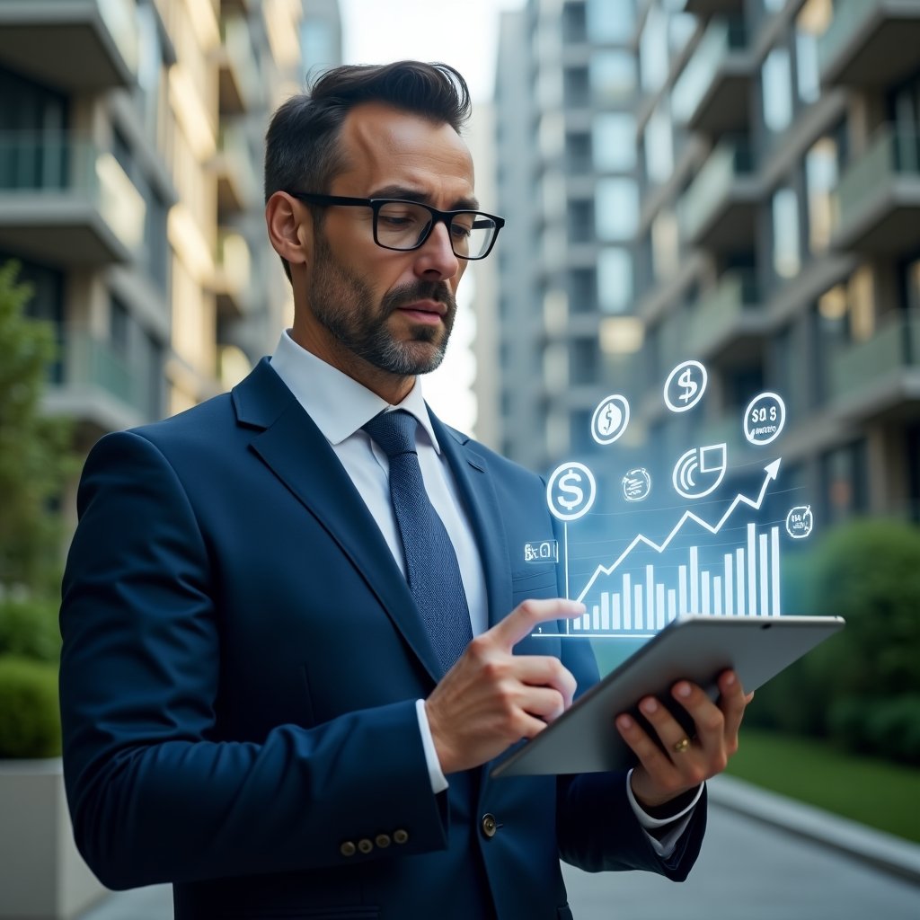Ultra-realistic property manager in a navy blue tailored suit, set in a modern luxury condominium environment with high-rise buildings and green landscaping, analyzing a holographic expense chart projected above a tablet, surrounded by floating budget and graph icons, confident and focused expression, cinematic lighting, shallow depth of field, highly detailed textures, realistic skin, photographic realism, 8k resolution --ar 1:1 --v 6