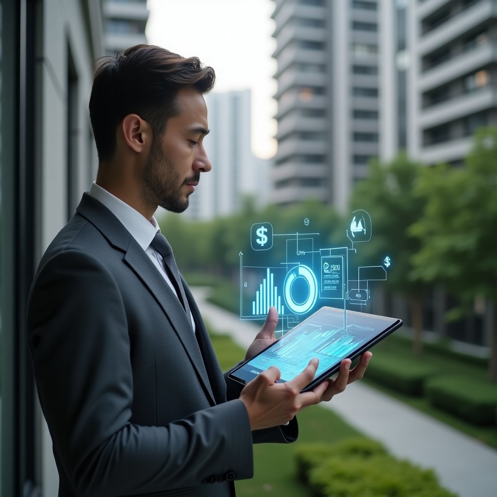 Ultra-realistic condominium manager in a charcoal gray suit, set in a modern luxury condominium environment with high-rise buildings and lush green landscaping, mid-shot of a professional reviewing a tablet displaying a holographic budget pie chart and financial graphs, gesturing confidently, floating icons of dollar signs and building outlines, cinematic lighting, shallow depth of field, highly detailed textures, realistic skin, photographic realism, 8k resolution --ar 1:1 --v 6