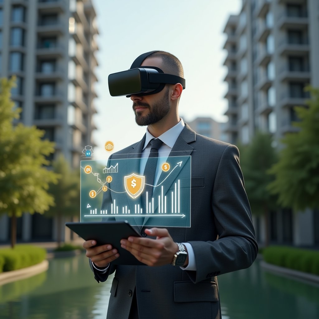 (Ultra-realistic condominium manager in a charcoal gray executive suit, set in a modern luxury condominium environment with high-rise buildings and manicured green landscaping, confidently analyzing a holographic budget chart hovering above a tablet, with floating icons of coins, graphs and a shield symbolizing financial control, cinematic lighting, shallow depth of field, highly detailed textures, realistic skin, photographic realism, 8k resolution --ar 1:1 --v 6)