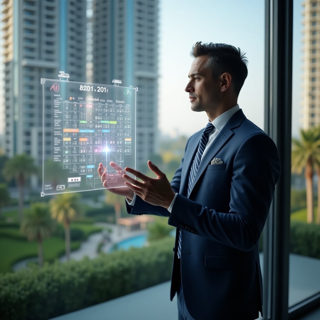 (Ultra-realistic condo manager in a tailored navy suit, set in a modern luxury condominium environment with high-rise buildings and manicured greenery, examining a holographic calendar projection displaying a detailed annual activity schedule, surrounded by floating calendar icons and task reminder symbols, focused and confident expression, cinematic lighting, shallow depth of field, highly detailed textures, realistic skin, photographic realism, 8k resolution --ar 1:1 --v 6)