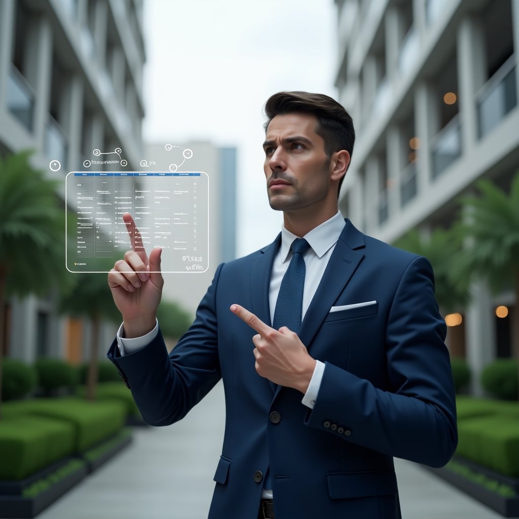 (Ultra-realistic condominium manager in a navy blue suit, set in a modern luxury condominium environment with high-rise buildings and well-manicured green landscaping, interacting with a holographic digital calendar schedule and pointing at tasks, surrounded by floating checklist and clock icons to symbolize organized maintenance and meetings, confident and focused expression, cinematic lighting, shallow depth of field, highly detailed textures, realistic skin, photographic realism, 8k resolution --ar 1:1 --v 6)