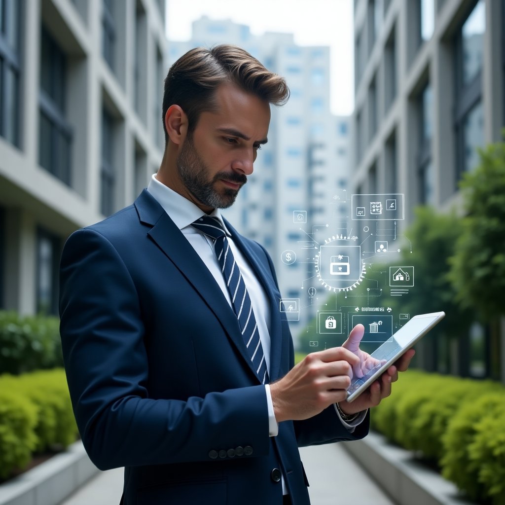 (Ultra-realistic condominium manager in a navy blue business suit, set in a modern luxury condominium environment with high-rise buildings and manicured green landscaping, holding a transparent tablet displaying floating app interface icons, examining it with focused confidence, surrounded by holographic UI elements symbolizing an “aplicativo de gestão,” cinematic lighting, shallow depth of field, highly detailed textures, realistic skin, photographic realism, 8k resolution --ar 1:1 --v 6)