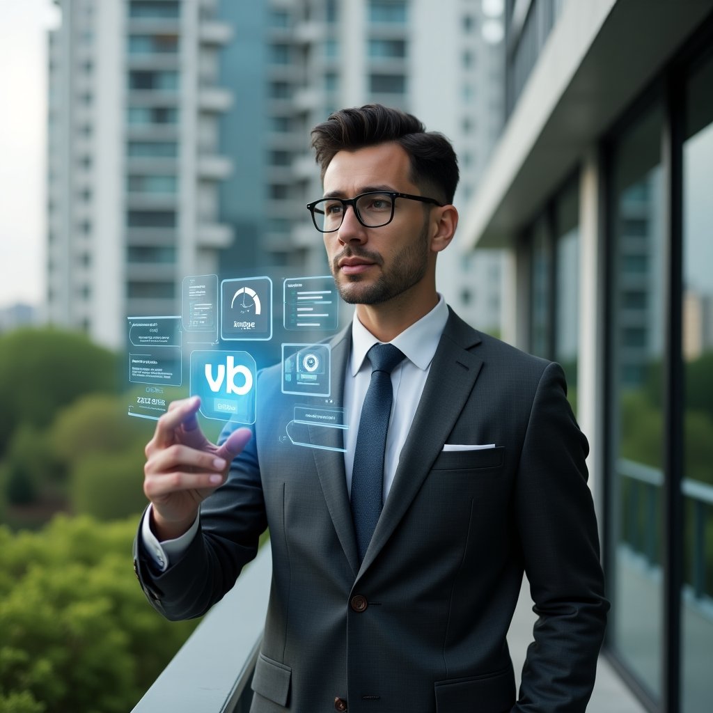 (Ultra-realistic property manager in a dark gray tailored suit, set in a modern luxury condominium environment with high-rise buildings and lush green landscaping, confidently interacting with a floating holographic condominium management app interface, displaying charts and notifications, cinematic lighting, shallow depth of field, highly detailed textures, realistic skin, photographic realism, 8k resolution --ar 1:1 --v 6)