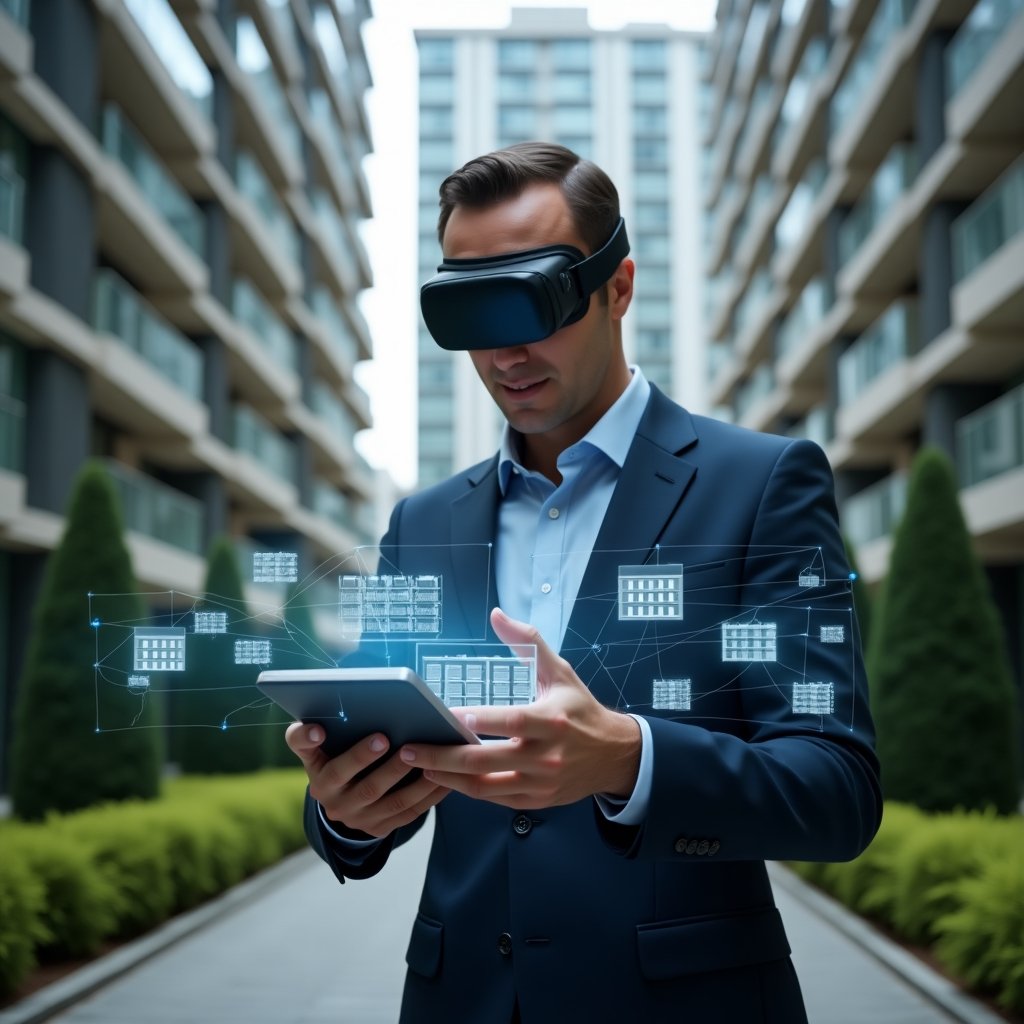(Ultra-realistic condominium manager in a navy executive suit, set in a modern luxury condominium environment with high-rise buildings and manicured green landscaping, confidently interacting with a floating holographic interface of condo management app icons, analyzing digital graphs and calendars, holographic symbols of communication and finance subtly glowing around, cinematic lighting, shallow depth of field, highly detailed textures, realistic skin, photographic realism, 8k resolution --ar 1:1 --v 6)