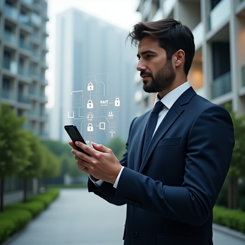(Ultra-realistic condominium manager in a navy suit, set in a modern luxury condominium environment with high-rise buildings and green landscaping, interacting with a holographic smartphone interface displaying app icons, security lock symbols and support chat icons, appearing confident and thoughtful, cinematic lighting, shallow depth of field, highly detailed textures, realistic skin, photographic realism, 8k resolution --ar 1:1 --v 6)