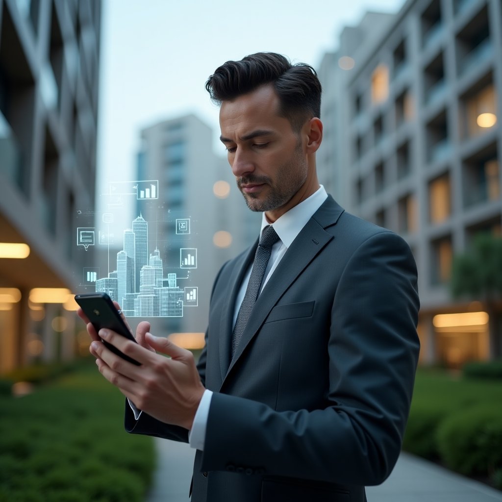 Ultra-realistic condominium manager in a charcoal executive suit, set in a modern luxury condominium environment with high-rise buildings and manicured green landscaping, holding and interacting with a floating holographic smartphone interface displaying app icons and financial graphs, holographic UI elements symbolizing efficient property management, confident and focused expression, cinematic lighting, shallow depth of field, highly detailed textures, realistic skin, photographic realism, 8k resolution --ar 1:1 --v 6