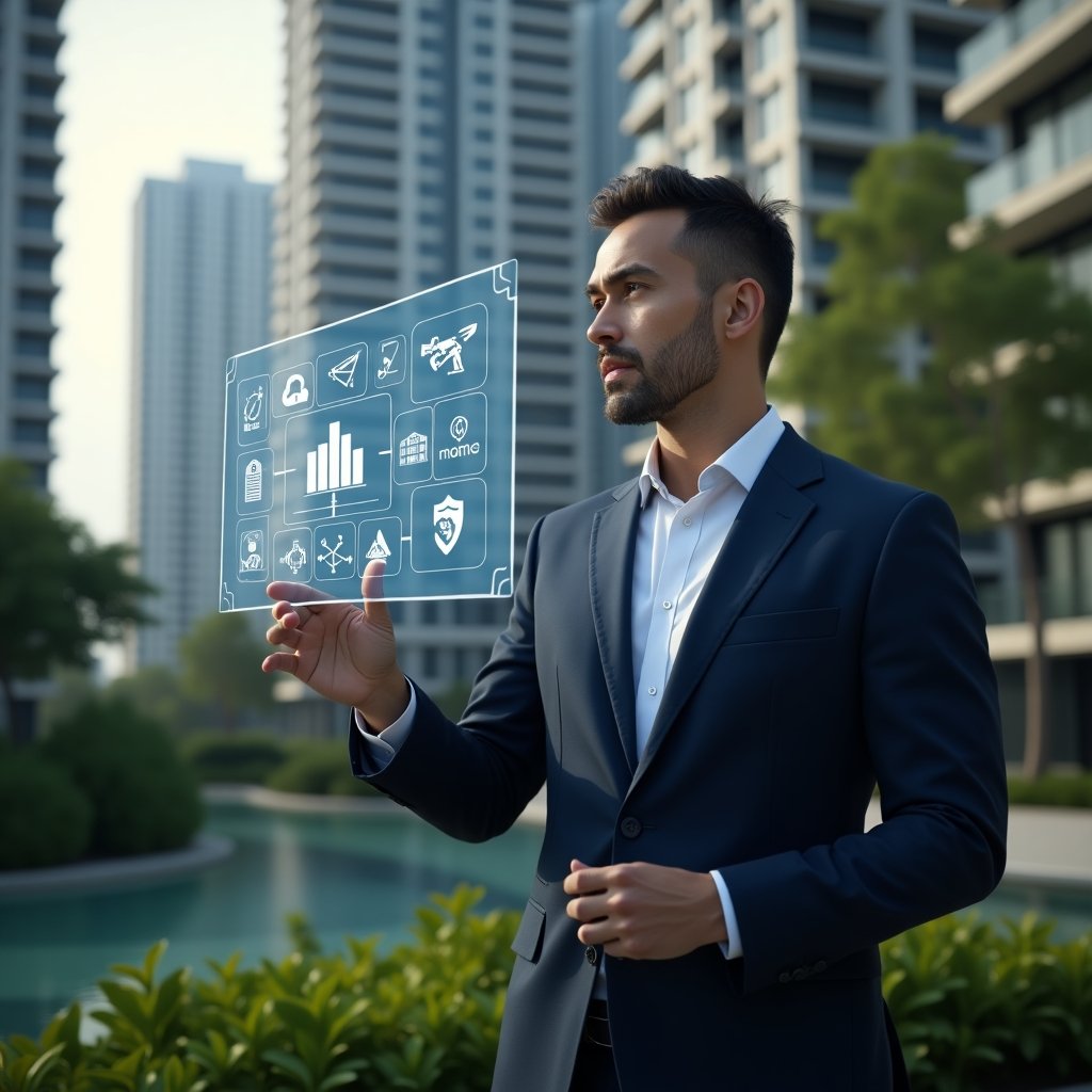 (Ultra-realistic property manager in a tailored navy blue suit, set in a modern luxury condominium environment with high-rise buildings and lush green landscaping, interacting with a floating holographic interface displaying charts, building icons and checklist symbols, thoughtful and confident expression, cinematic lighting, shallow depth of field, highly detailed textures, realistic skin, photographic realism, 8k resolution --ar 1:1 --v 6)