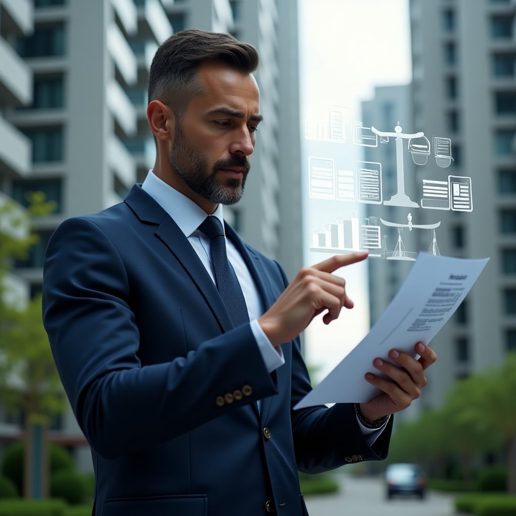 (Ultra-realistic condominium manager in a navy suit, set in a modern luxury condominium environment with high-rise buildings and green landscaping, reviewing holographic financial reports and pointing at floating charts symbolizing transparency and legal compliance, subtle holographic icons of documents and a justice scale, confident and analytical expression, cinematic lighting, shallow depth of field, highly detailed textures, realistic skin, photographic realism, 8k resolution --ar 1:1 --v 6)