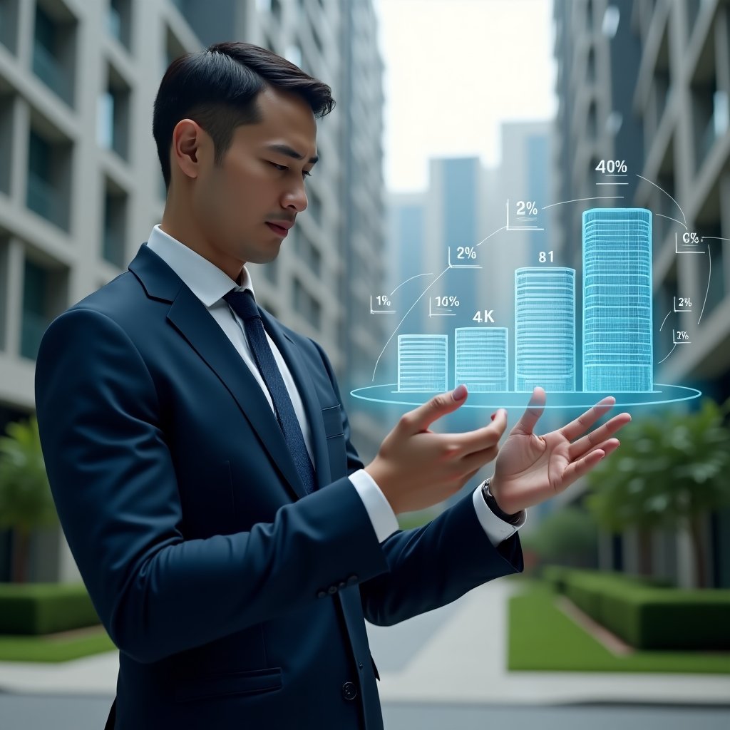 (Ultra-realistic condominium manager in a dark blue suit, set in a modern luxury condominium environment with high-rise buildings and manicured green landscaping, examining a holographic financial chart displaying fractional percentages and unit contribution values, floating percentage icons and building-shaped holograms around him, confident and analytical expression, cinematic lighting, shallow depth of field, highly detailed textures, realistic skin, photographic realism, 8k resolution --ar 1:1 --v 6)