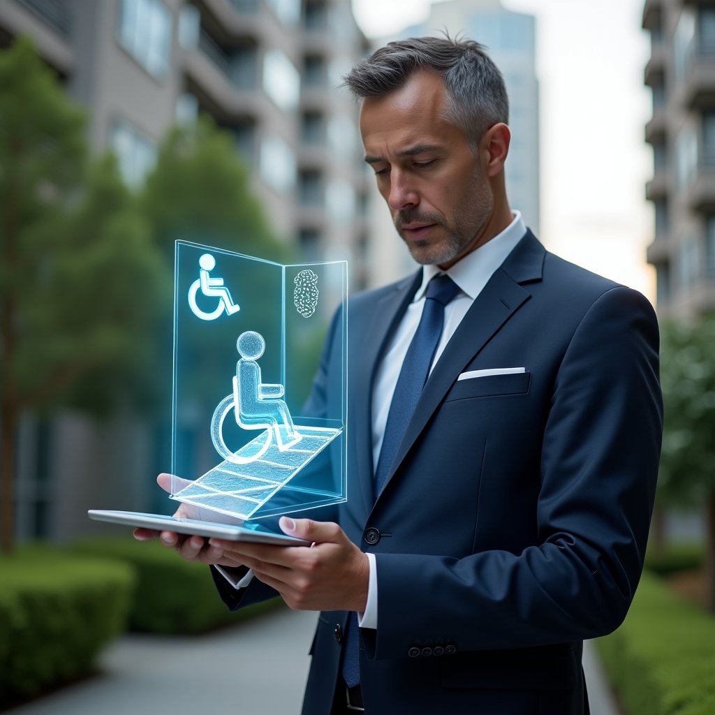 Ultra-realistic condominium manager in a tailored navy suit, set in a modern luxury condominium environment with high-rise buildings and lush green landscaping, examining a holographic model of an accessible ramp and tactile signage projected from a digital tablet, confident and thoughtful expression, symbolic wheelchair ramp and Braille icon floating beside him, cinematic lighting, shallow depth of field, highly detailed textures, realistic skin, photographic realism, 8k resolution --ar 1:1 --v 6
