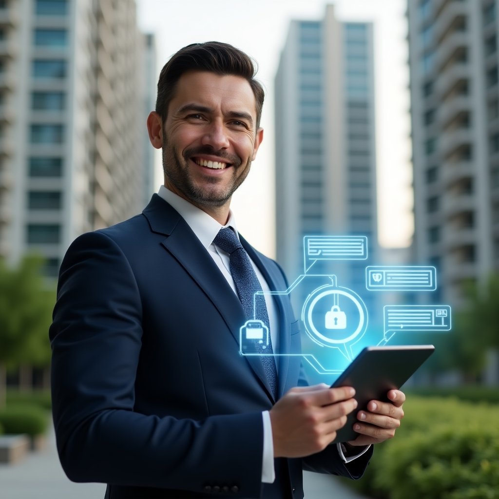 Ultra-realistic property manager in a navy blue suit, set in a modern luxury condominium environment with high-rise buildings and lush green landscaping, holding a tablet displaying a community management app interface, holographic chat bubbles and rulebook icons floating beside, smiling confidently and engaging with virtual neighbors, cinematic lighting, shallow depth of field, highly detailed textures, realistic skin, photographic realism, 8k resolution --ar 1:1 --v 6