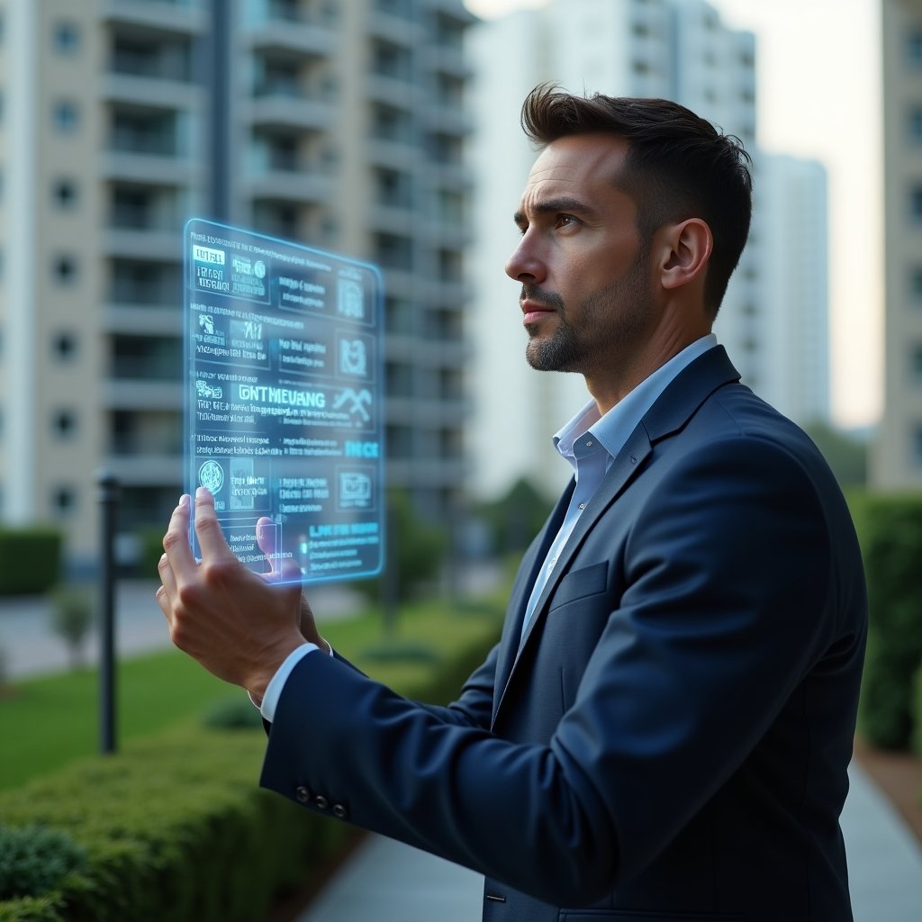 Ultra-realistic property manager in a navy suit, set in a modern luxury condominium environment with high-rise buildings and green landscaping, interacting with a transparent holographic calendar interface displaying maintenance tasks and assembly icons, focused and confident expression, cinematic lighting, shallow depth of field, highly detailed textures, realistic skin, photographic realism, 8k resolution --ar 1:1 --v 6