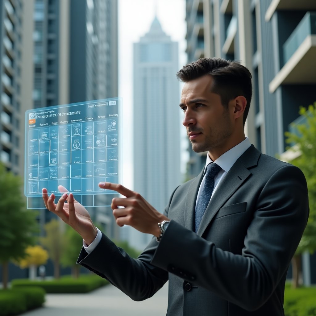 (Ultra-realistic condominium manager in a charcoal gray executive suit, set in a modern luxury condominium environment with high-rise buildings and lush green landscaping, analyzing a floating holographic calendar schedule with maintenance and event icons, confident expression, pointing at a digital task list symbolizing efficient activity planning, cinematic lighting, shallow depth of field, highly detailed textures, realistic skin, photographic realism, 8k resolution --ar 1:1 --v 6)