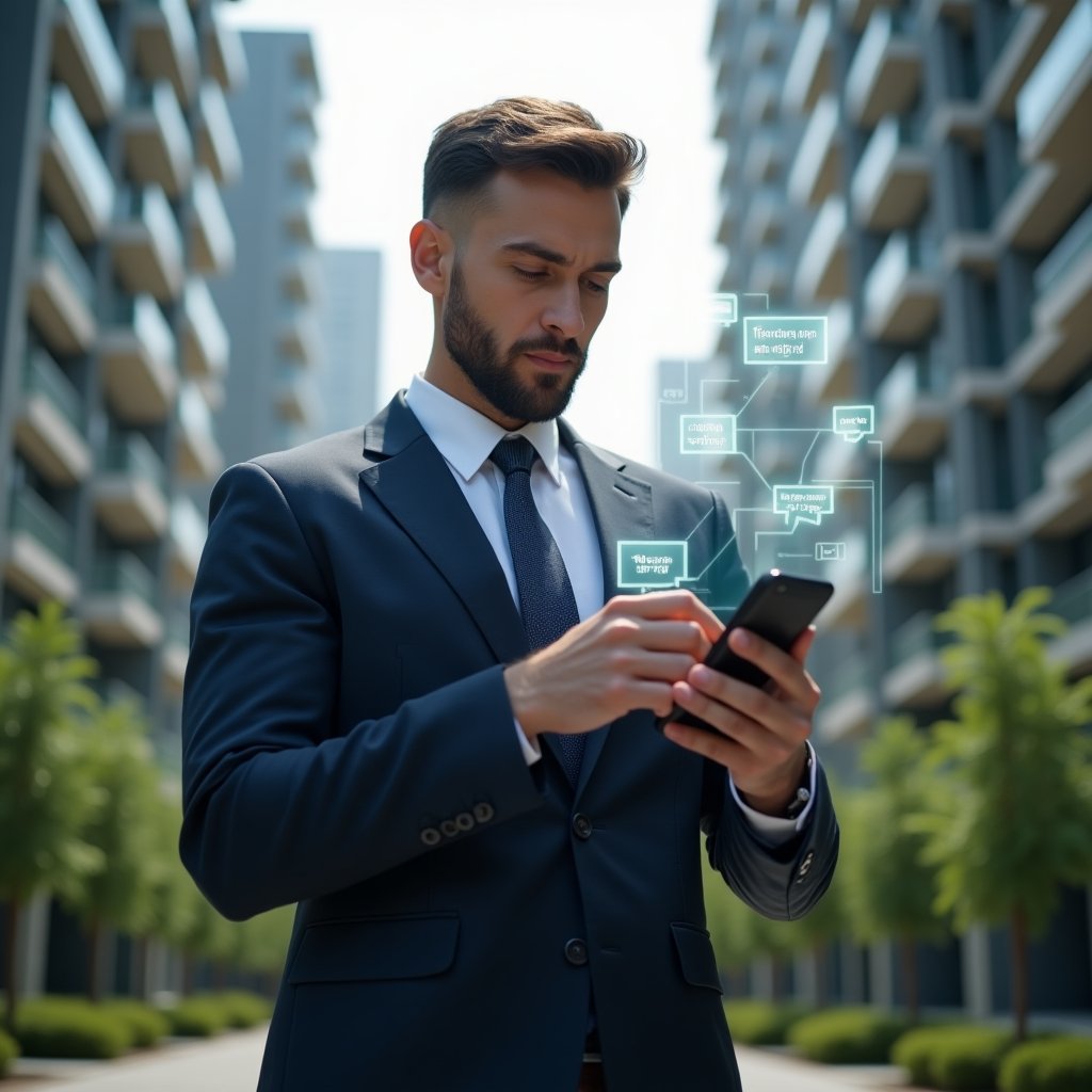 (Ultra-realistic property manager in a tailored navy suit, set in a modern luxury condominium environment with high-rise buildings and manicured green landscaping, holding a smartphone displaying holographic notifications and assembly agendas, examining interactive floating icons representing messages and approvals, confident expression, cinematic lighting, shallow depth of field, highly detailed textures, realistic skin, photographic realism, 8k resolution --ar 1:1 --v 6)