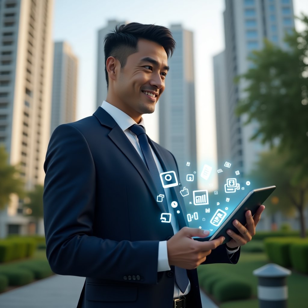 (Ultra-realistic condominium manager in a tailored navy suit, set in a modern luxury condominium environment with high-rise buildings and lush green landscaping, holding a tablet displaying floating payment notification holograms and parcel icons, confident smile as they review the digital dashboard, cinematic lighting, shallow depth of field, highly detailed textures, realistic skin, photographic realism, 8k resolution --ar 1:1 --v 6)