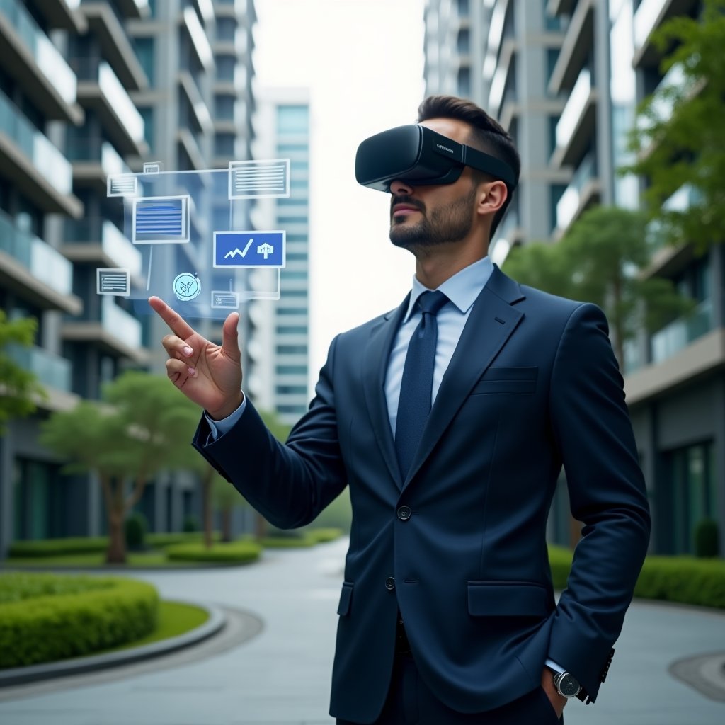 (Ultra-realistic property manager in a dark blue suit, set in a modern luxury condominium environment with high-rise buildings and lush green landscaping, standing in a medium shot while interacting with a floating holographic interface of chat bubbles, notifications and calendar icons—symbolizing streamlined internal communication—confident expression, cinematic lighting, shallow depth of field, highly detailed textures, realistic skin, photographic realism, 8k resolution --ar 1:1 --v 6)