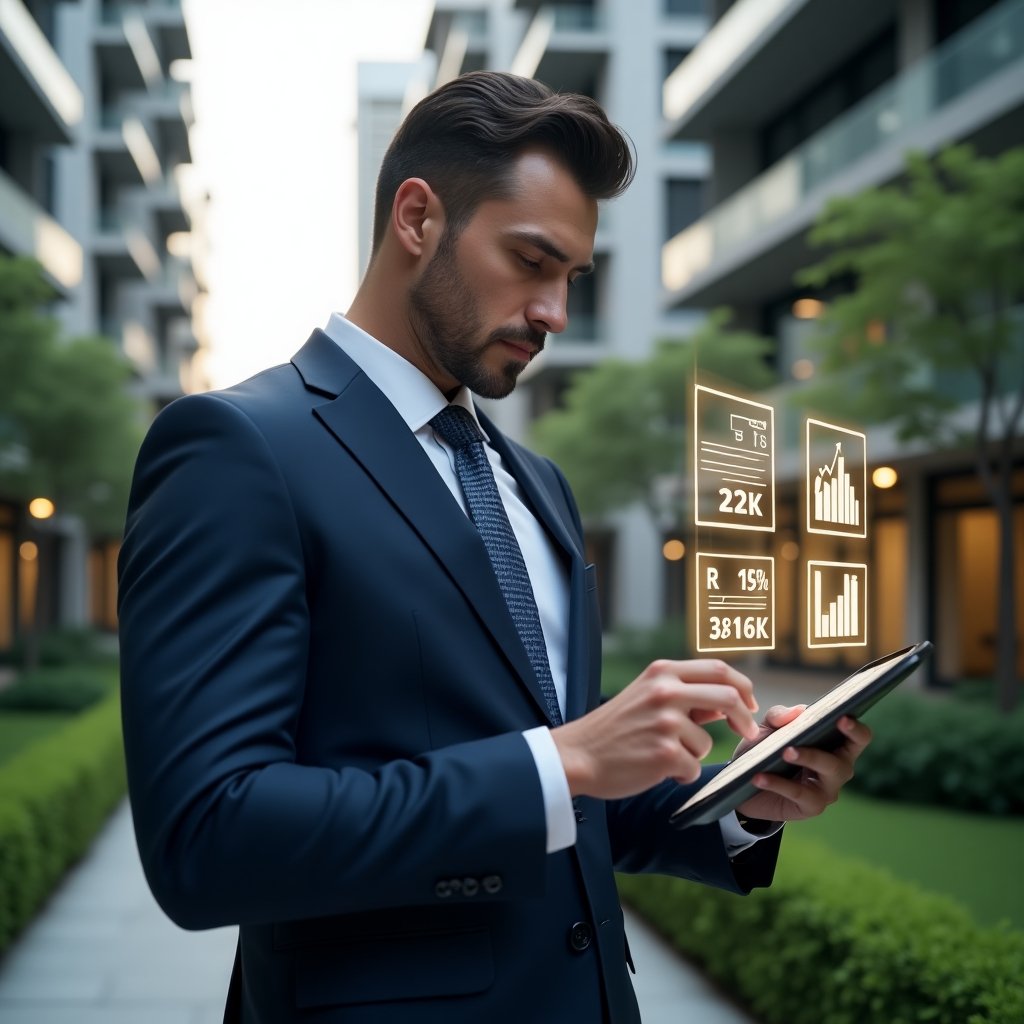 (Ultra-realistic professional condominium manager in a navy executive suit, set in a modern luxury condominium environment with high-rise buildings and manicured green landscaping, mid-shot of the manager reviewing financial data on a tablet with holographic cost-reduction charts floating beside them, conveying confidence and focus, cinematic lighting, shallow depth of field, highly detailed textures, realistic skin, photographic realism, 8k resolution --ar 1:1 --v 6)