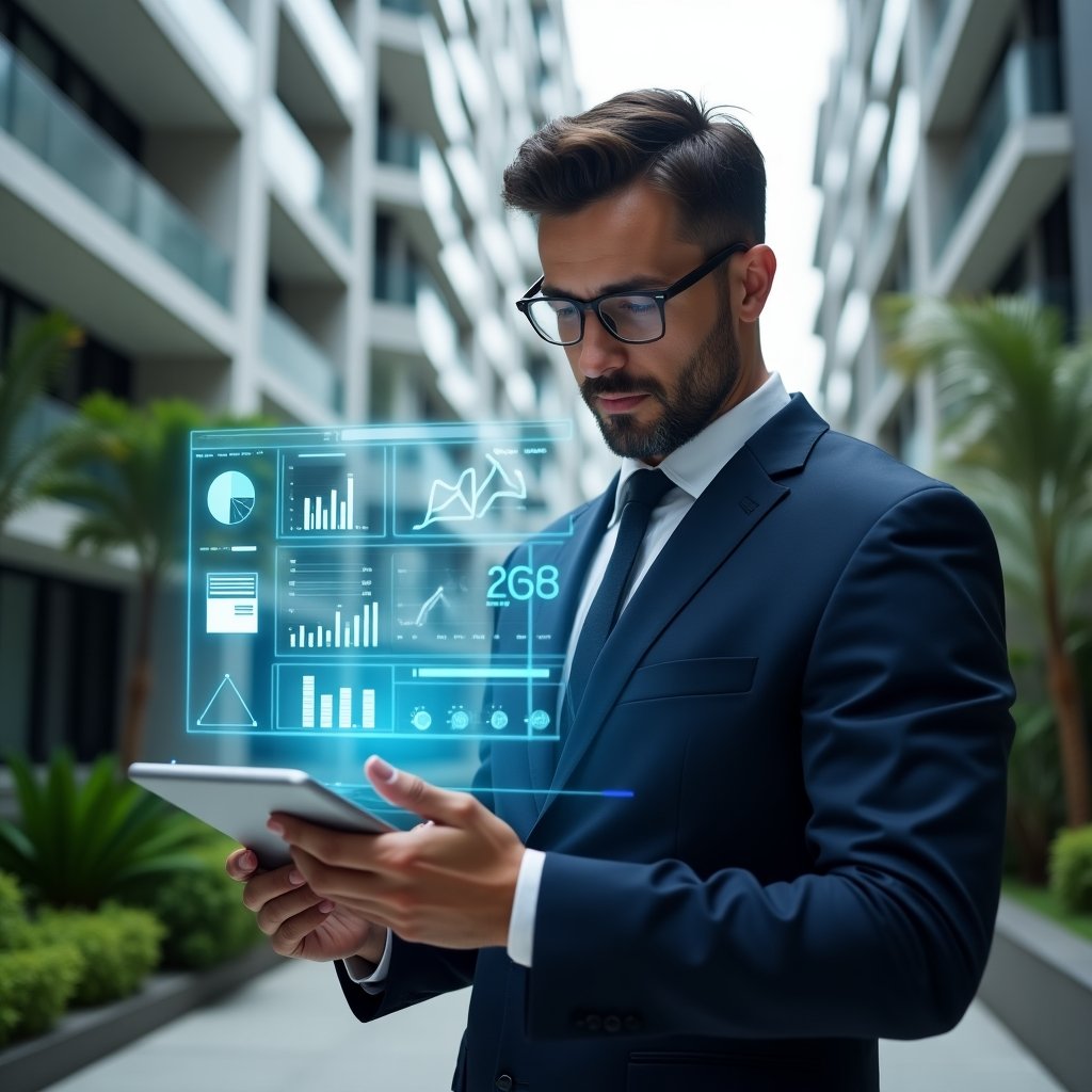 (Ultra-realistic condominium manager in a dark blue suit, set in a modern luxury condominium environment with high-rise buildings and lush green landscaping, mid-shot close-up of a professional analyzing a transparent holographic financial dashboard floating above a tablet, holographic graphs, charts and invoice icons hovering around, confident and focused expression, cinematic lighting, shallow depth of field, highly detailed textures, realistic skin, photographic realism, 8k resolution --ar 1:1 --v 6)