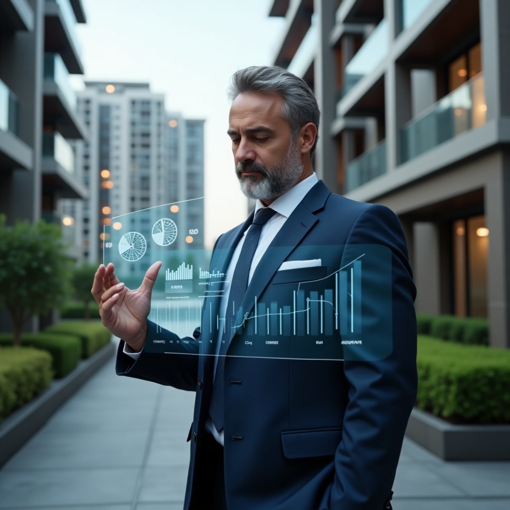 (Ultra-realistic condominium manager in a dark blue tailored suit, set in a modern luxury condominium environment with high-rise buildings and lush green landscaping, mid shot of the professional analyzing holographic financial charts floating in front of them, holographic pie chart and line graph symbols representing transparent accounting, confident and focused expression, cinematic lighting, shallow depth of field, highly detailed textures, realistic skin, photographic realism, 8k resolution --ar 1:1 --v 6)