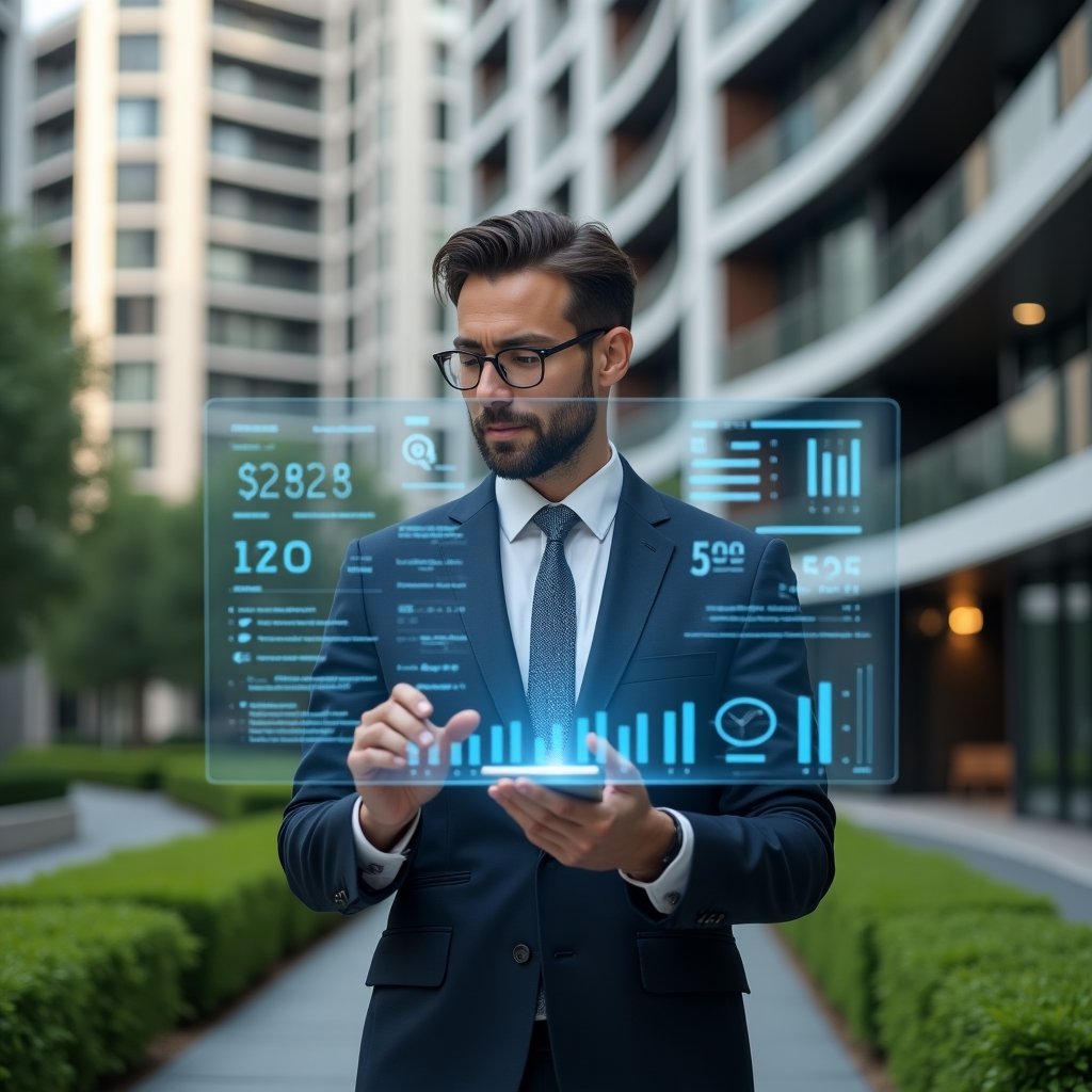 (Ultra-realistic condominium property manager in a navy blue suit, set in a modern luxury condominium environment with high-rise buildings and well-manicured green landscaping, standing in a medium shot while reviewing a transparent holographic financial dashboard displaying charts and reports, confident and focused expression, cinematic lighting, shallow depth of field, highly detailed textures, realistic skin, photographic realism, 8k resolution --ar 1:1 --v 6)
