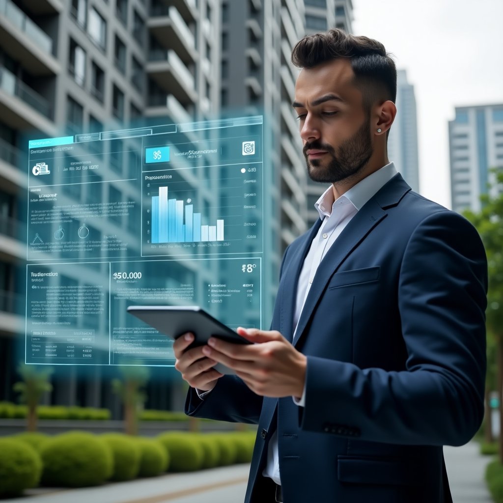 Ultra-realistic condominium manager in a sleek dark-blue suit, set in a modern luxury condominium environment with high-rise buildings and well-manicured green landscaping, analyzing a floating holographic financial dashboard with cost reduction charts and icons, holding a tablet displaying expense trends, confident expression, cinematic lighting, shallow depth of field, highly detailed textures, realistic skin, photographic realism, 8k resolution --ar 1:1 --v 6